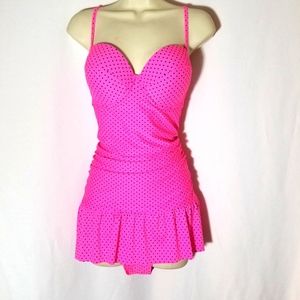 JOE BOXER HOT PINK NEON BLACK POLKA DOT PIN UP ONE PIECE SWIMSUIT UNDERWIRE XL